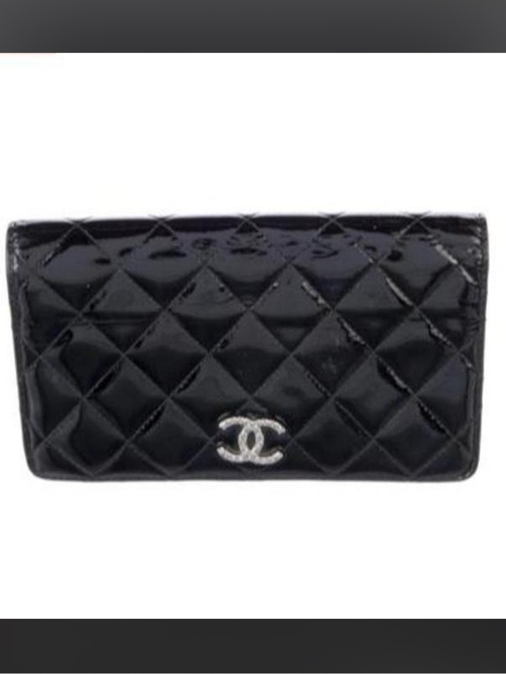 CHANEL Bifold Black Quilted Patent Leather Wallet with Silver CC Logo